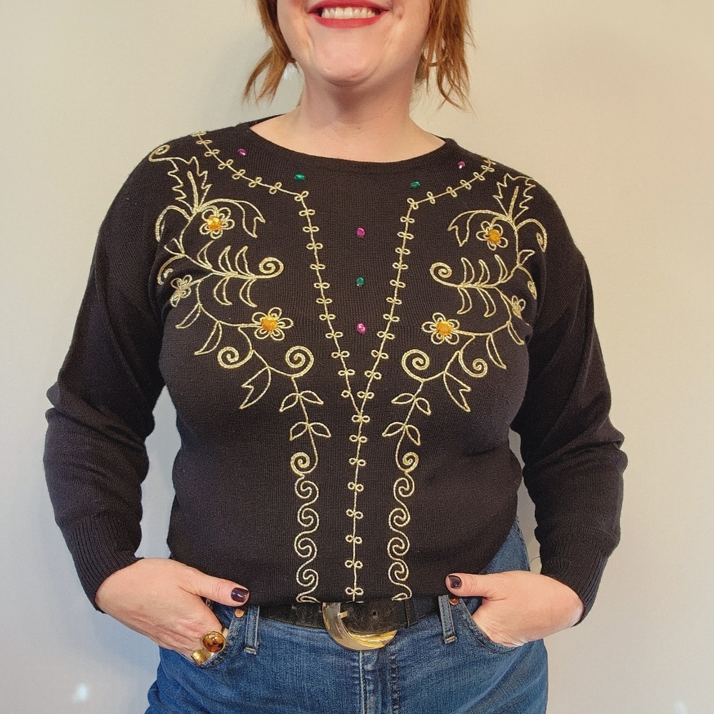 90s Glam Marnie West Black Sweater with Gold Embroidery